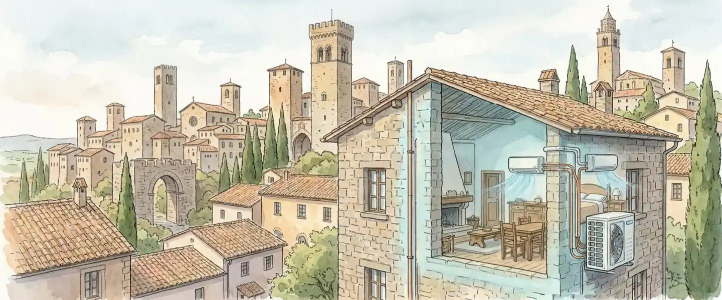 Illustrazione acquerello di Viterbo con vista in sezione di un'installazione climatizzatore: split interno, tubazioni e motore esterno